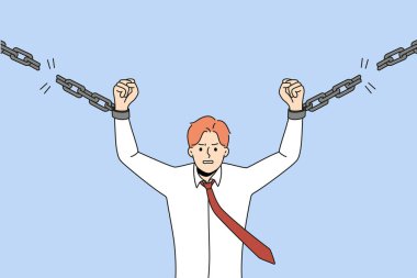 Güçlü bir adam zincirlerini kırarak özgür ve bağımsız olmaya çalışır. Güçlü iş adamları bağımsızlığa ve özgürlüğe ulaşır. Serbest meslek kavramı. Vektör illüstrasyonu. 