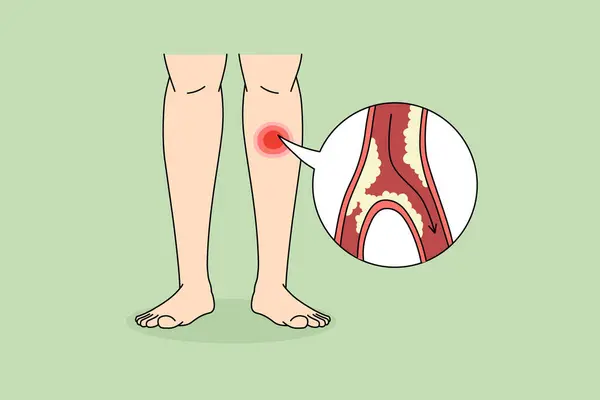 人の閉鎖は 足に血管が閉じ込められているPad疾患に苦しんでいます 人間は 細胞が狭くなるか またはブロックすることにより 凝固した手足と戦います 医療コンセプト ベクトルイラスト — ストックベクタ