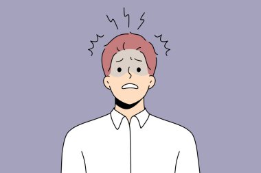Mutsuz erkek çalışanlar veya işçiler iş sorunları yüzünden hayal kırıklığına uğrarlar ve sıkıntı yaşarlar. Endişeli işçi, haber ve fikirlerle karışık olduğunu vurguladı. Hayal kırıklığı ve stres. Vektör illüstrasyonu.