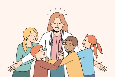 Klinikte gülümseyen kadın doktoru kucaklayan mutlu küçük çocuklar. Heyecanlı küçük çocuklar çocuk doktorlarını kucaklıyor. Sevgi ve ilgi gösteriyorlar. Hastanede iyi bir tıbbi hizmet. Vektör illüstrasyonu. 