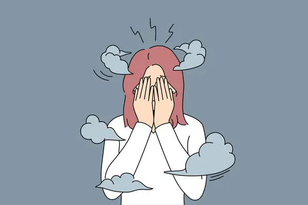 Nešťastná Žena Zakrývající Tvář Rukama Pocit Závratě Úzkosti Trpí Duševními — Stockový vektor