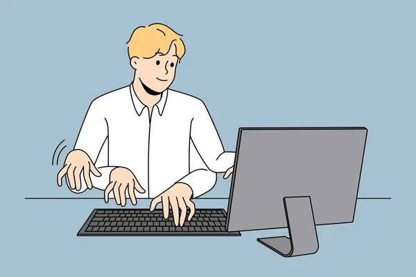 在计算机上工作的商人有很多人 他们在工作中速度快 工作效率高 男性员工在笔记本电脑上高速打字 生产力和多重任务 矢量说明 — 图库矢量图片