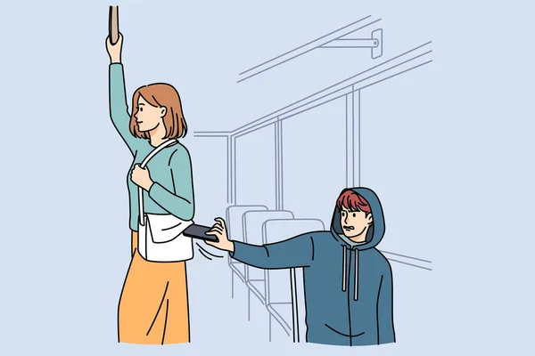 Männliche Taschendiebe Stehlen Weiblichen Fahrgästen Bus Oder Bahn Geldbörse Dieb — Stockvektor