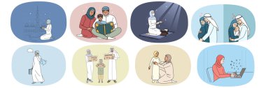 Set of religious Muslim family in traditional clothing praying to Allah. Collection of Arabian people follow moslem traditions and customs. Religion and faith concept. Vector illustration.  clipart