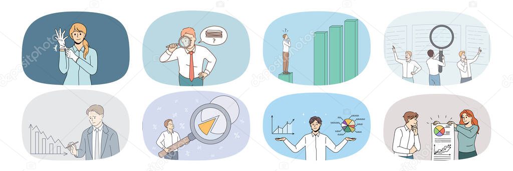 Set of diverse office employees work with charts and diagrams explore financial statistics. Collection of businesspeople brainstorm develop finance startup. Banking concept. Vector illustration. 