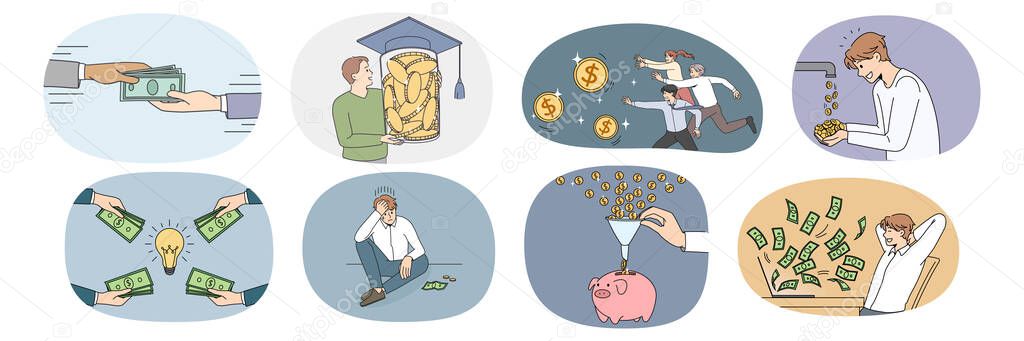 Set of diverse people strive for financial success and stability. Collection of men aim money income and profit. Finance and banking concept. Investment and dividend. Vector illustration. 