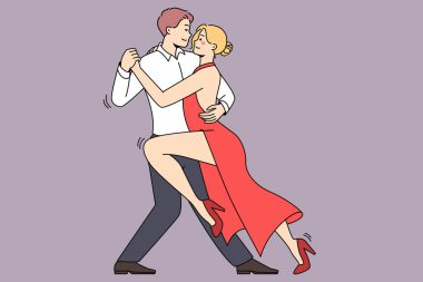 Kırmızı elbiseli seksi genç kadın tango yapıyor. Duygusal çift romantik danstan hoşlanır. Hobi ve boş zaman. Vektör illüstrasyonu. 
