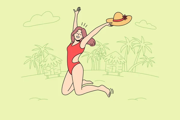Задоволена Молодою Жінкою Купальнику Яка Стрибає Пляжі Насолоджуючись Літньою Відпусткою — стоковий вектор