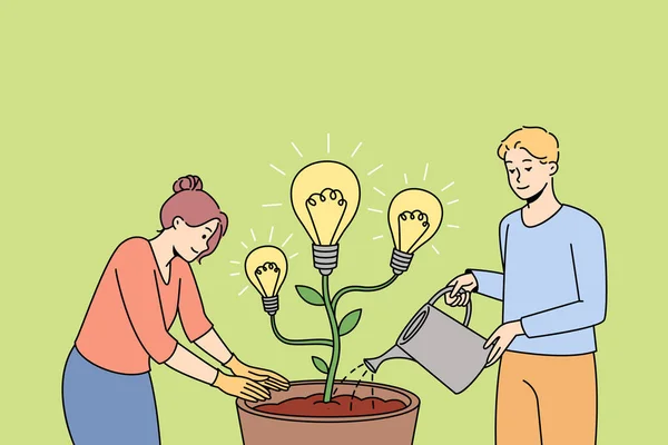 人们用灯泡浇灌盆栽 形成了富有创意的想法 男人和女人不断发展创新 播种产品上市 矢量说明 — 图库矢量图片