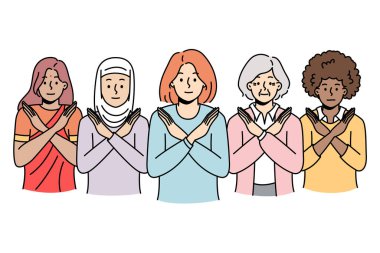 Cinsiyet ve cinsiyet ayrımcılığına karşı dur işareti gösteren çok ırklı kadınlar. Irklar arası kadın grubu toplumda önyargıyı kırmaya çalışıyor. Vektör illüstrasyonu. 