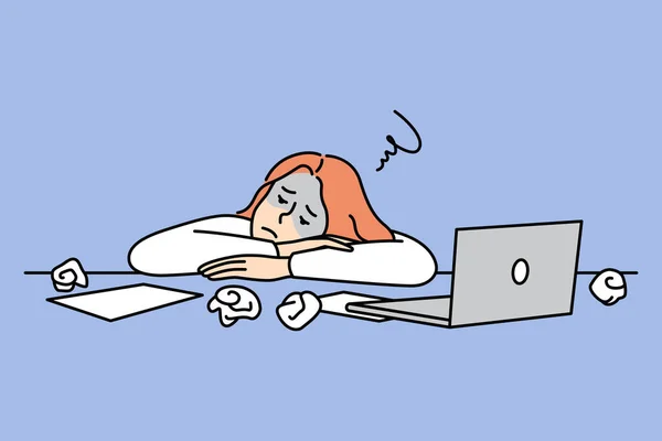 Exhausted Woman Employee Lying Desk Feeling Overwhelmed Work Unhappy Tired — Vector de stock