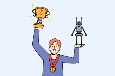 Happy boy child holding robot in hands win prize for best scientific discovery. Smiling kid winner celebrate victory at competition for robotic creation. Vector illustration. 