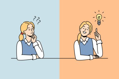 Kız düşünüyor ve cevabı buluyor. Kız öğrenci cevapları ararken ve çözüm üretirken kafası karışmış. Yenilik ve problem çözümü. Vektör illüstrasyonu. 