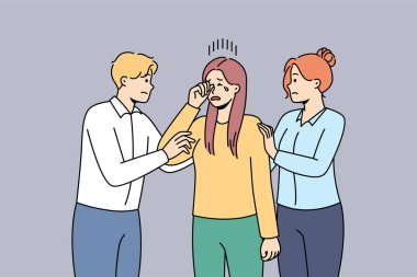 İnsanlar mutsuz, ağlayan ve sorunları olan bir kıza sarılmayı destekliyor. Arkadaşlar destek olur ve bir kadını üzmek isterler. Arkadaşlık ve yardım kavramı. Vektör illüstrasyonu. 