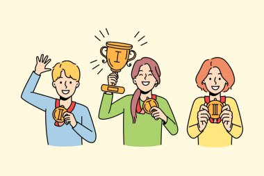 Okul müsabakalarında madalya kazanan mutlu çocuklar. Gülümseyen çocuklar şampiyonluğu kutluyorlar. Vektör illüstrasyonu. 