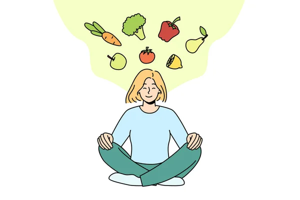 Calma Giovane Donna Meditando Pensando Mangiare Sano Ragazza Felice Posa — Vettoriale Stock