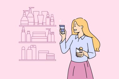 Smiling girl choose beauty product tube from shelf in store. Happy young woman buy cosmetic bottle or perfume from cosmetology store. Skincare and facial treatment. Vector illustration. 