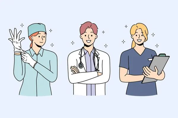 Set Smiling Diverse Doctors Uniform Ready Give Good Quality Medical — Vector de stock