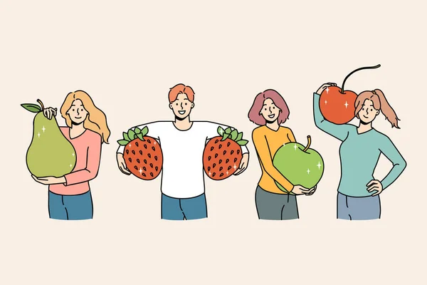 Set Smiling Young People Holding Huge Fruit Follow Healthy Lifestyle —  Vetores de Stock