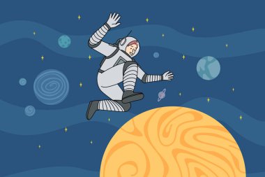 Astronot açık evrende yürüyor. Evrendeki gezegenler arasında uzay giysisi içinde kozmonot. Uzay yürüyüşü konsepti. Vektör illüstrasyonu. 