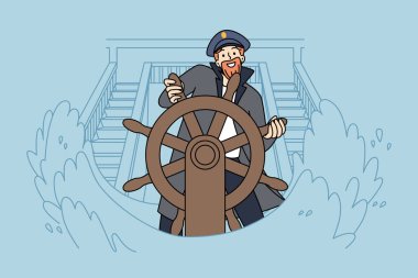 Smiling captain standing at ship wheel during sea storm. Happy skipper at boat helm at ocean waves. Seatime and marine life. Vector illustration. 