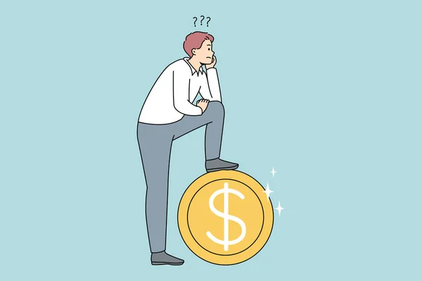 Frustrated Man Huge Coin Thinking Financial Problems Confused Male Make — Stockvector