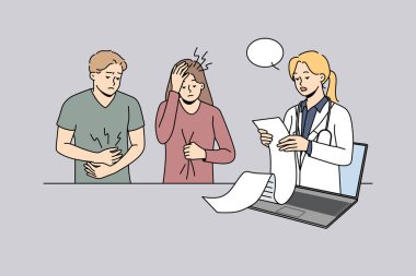 Hüsrana uğramış hastalar doktorların uzun reçeteli tarifleriyle karıştırılıyor. Online terapistin tarifi yüzünden acı çeken mutsuz insanlar. Vektör illüstrasyonu. 