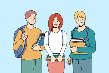 Eğitimden memnun kalmış sırt çantalı gülümseyen öğrencilerin portresi. Üniversitede ya da üniversitede ders kitapları olan mutlu insanlar. Vektör illüstrasyonu. 