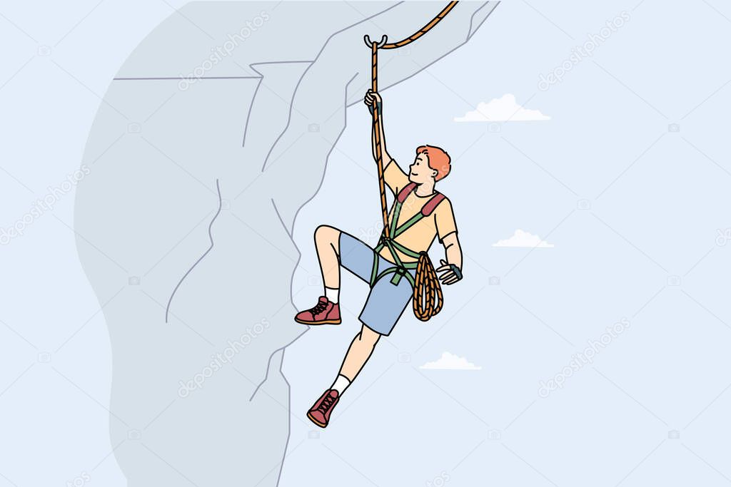 Man climbing mountain with special equipment. Male climber hanging on cliff. Mountaineer and extreme sport concept. Vector illustration. 