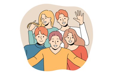 Smiling diverse friends posing for picture together. Happy people have fun feel optimistic enjoy friendship. Unity and diversity. Vector illustration. 
