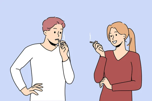 Smokers Couple Talking Suffer Nicotine Addiction People Cigarettes Smoking Bad — Stok Vektör