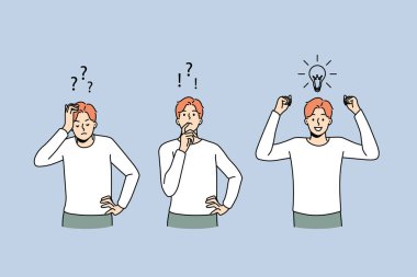 Man feeling confused thinking looking for problem solution. Process of brainstorming and idea generation. Innovation and problem solving. Vector illustration. 