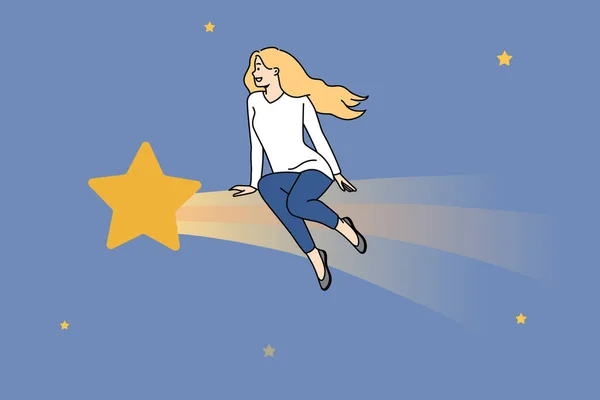 Mujer Joven Sentada Una Gran Estrella Soñando Pensando Futuro Chica — Vector de stock