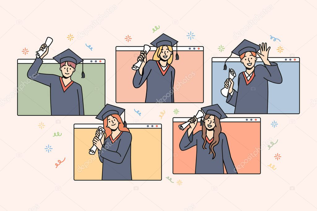 Happy students in mantles celebrate college graduation with online studying. Smiling graduates excited about university finish. Remote education concept. Vector illustration. 