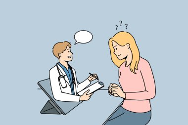 Woman having online consultation with doctor on gadget. Female patient talk with therapist or medical specialist on internet. Remote medicine. Vector illustration. 