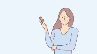 Saatte gülümseyen kadın iş yerinde zaman yönetiminden memnun görünüyor. Mutlu kadın çalışan, zaman organizasyonunda iyi. Hareket, resimleme. 