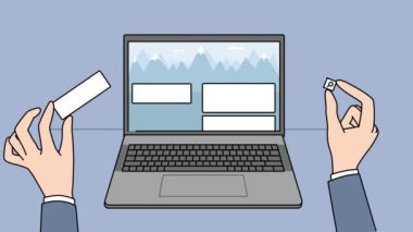 Web tasarımcısı bilgisayarda sekmelerle çalışıyor. Yazılım mühendisi dizüstü bilgisayarında şablonlar olan bir site oluşturuyor. UI tasarım işi. Görüntü, hareket. 