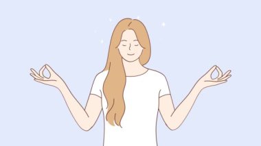 Mudra elleri ile sakin genç bir kadın stresi gidermek için aracılık yapıyor. Kadın yogası. Temiz hava al. Meditasyonun tadını çıkar. Hareket, resimleme. 