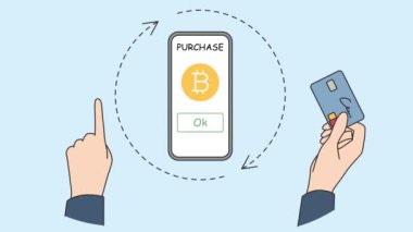 Bitcoin alan tüccar cep telefonundan kredi kartıyla ödeme yapıyor. Adam aletin üzerinde kripto para ile işlem yapıyor. Hareket, resimleme. 