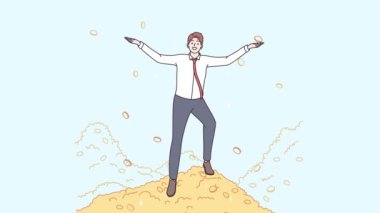 Para yığını üzerinde duran heyecanlı genç işadamı karı veya geliri kutluyor. Mutlu erkek çalışanlar yatırım yapar ya da gelir gökten düşer. Hareket, resimleme. 