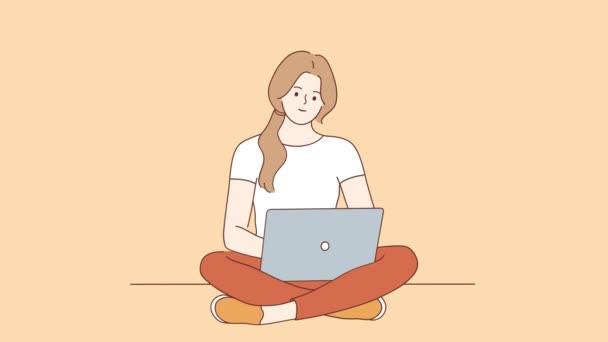 집에서 노트북에 인터넷을 연결에 소녀는 컴퓨터 작업을 권장합니다 일러스트 — 비디오