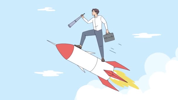 Podnikatel Létající Raketový Pohled Dalekohledu Hledá Nové Perspektivy Příležitosti Zaměstnanec — Stock video