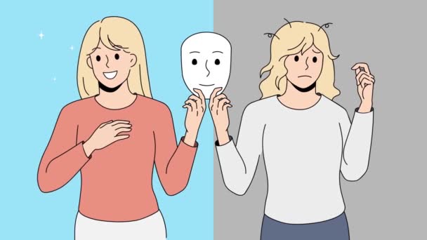 Woman Holding Mask Suffer Mood Swings Happy Unhappy Female Struggle — Stock Video