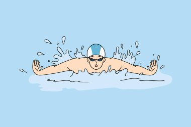 Yarışma ya da yarışma için anket eğitiminde yüzen bir sporcu. Yüzme havuzunda sporcu yüzücü. Spor ve aktivite. Vektör illüstrasyonu. 