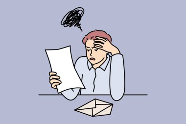 Unhappy man reading bad news in letter feel frustrated with massage. Upset guy distressed with notice or notification. Frustration and post mail. Vector illustration. 