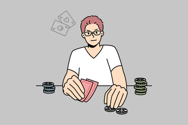 Young Man Playing Poker Male Gamer Engaged Gambling Enjoy Card —  Vetores de Stock