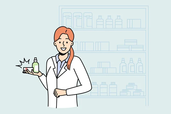 Жіночий Фармацевт Медикаментами Стоїть Аптеці Жіночий Медичний Фахівець Наркотиками Аптеці — стоковий вектор