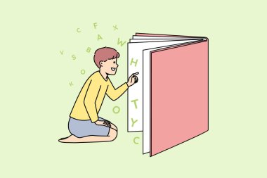 Mutlu çocuk kitap okuyor. Vector Happy çocuk büyük kitap okuyor Peri masalı dünyasının tadını çıkar. Gülümseyen çocuk romanlara ya da hikayelere bayılır. Edebiyat ve bilgi. Vektör illüstrasyonu. 