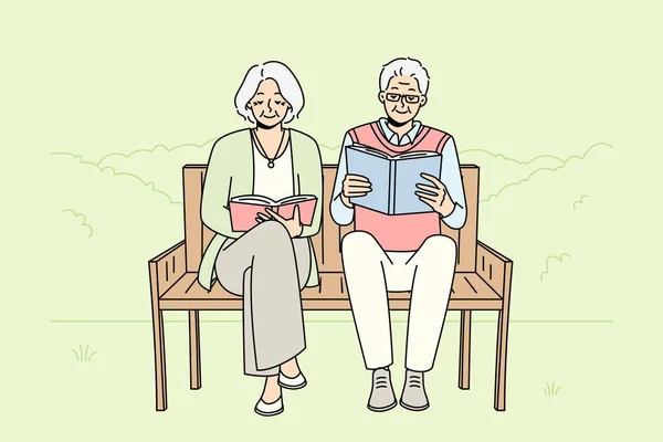 Joyful Mature Couple Sit Bench Pack Reading Books Smiling Old — Vettoriale Stock