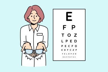 Göz tarama tablosunda gözlük tutan bir kadın göz doktoru. Göz hekimliği kliniğinde göz muayenesi. Gözlük reçetesi. Vektör illüstrasyonu. 
